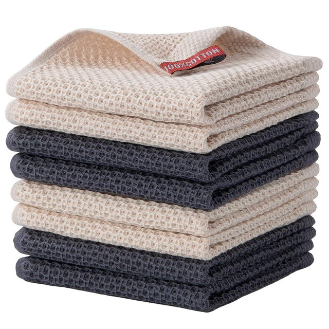 joybest Cotton Kitchen Dish Cloths, 8-Pack Waffle Weave Ultra Soft Absorbent Dish Towels Washcloths Quick Drying Dish Rags, 12x12 Inches, Beige and Dark Grey