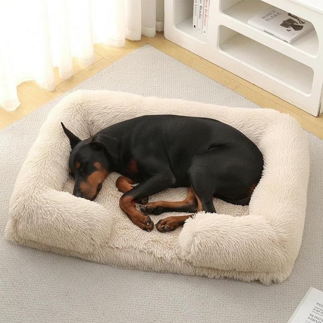 CareCooo Orthopedic Dog Bed for XXL Dogs - Washable Memory Foam Pet Sofa, Fluffy Plush Rectangular Bed, Waterproof Anti-Anxiety Couch, Light Brown, XXL