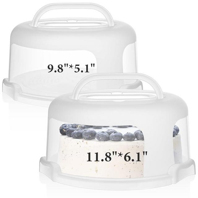 Baderke 2 Pcs Cake Carrier with Lid 10''/ 8'' Cake Holder Plastic Cake Stand with Lid Handle Round Cake Container Portable Cake Carrier with Cover Cake Boxes for Cupcake Pie Serving Transport(White)