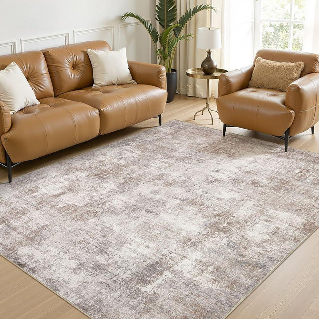 ELLIUNE 5x7 Washable Area Rugs for Living Room, Non Slip Soft Large Rugs for Bedroom Dining Room, Modern Abstract Low Pile Stain Resistant Carpet for Laundry Office Home Decor - Brown
