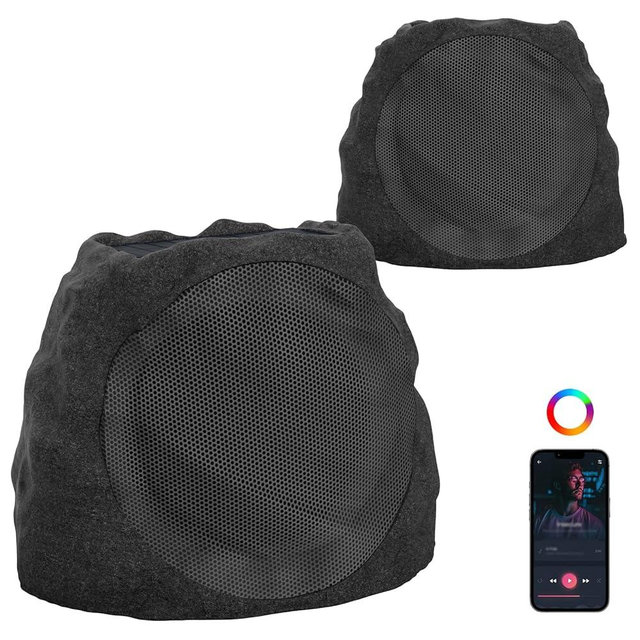 JMJEAN Outdoor Speakers Bluetooth Waterproof Patio TWS Connection Outdoor Bluetooth Speakers Wireless Solar Powered and Rechargeable Rock Speaker for Patio Pool,Backyard (Black, 2 Pack)