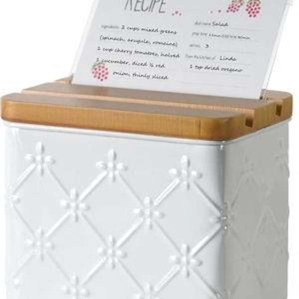 Recipe Box with Cards and Dividers Set 4x6 Recipe Holder for Kitchen Counter Metal White Floral Pattern Embossed Recipe Card Box with Wooden Grooved Lid