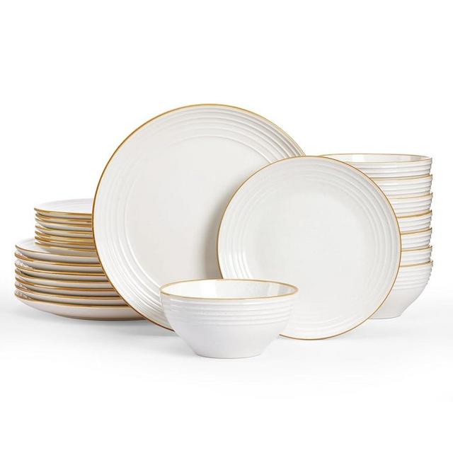 Famiware Jupiter Dinnerware Set, Plates and Bowls Sets for 8, Microwave and Dishwasher Safe, Scratch Resistant, 24 Pieces Dishes Set, White