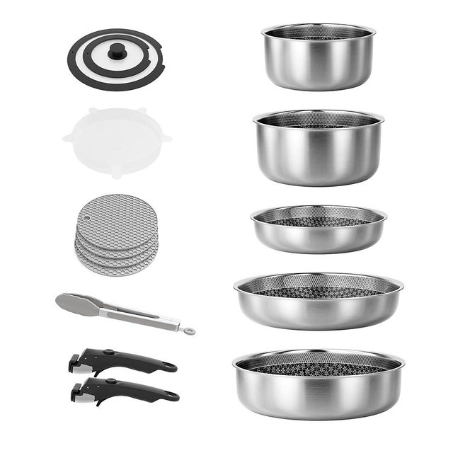 Caannasweis Detachable Nonstick Cookware Set - Stackable Induction Pots and Pans With Removable Handles, Dishwasher Safe - For RV Camping, Oven and Stovetop Use, 5 Pieces (Stainless Steel)