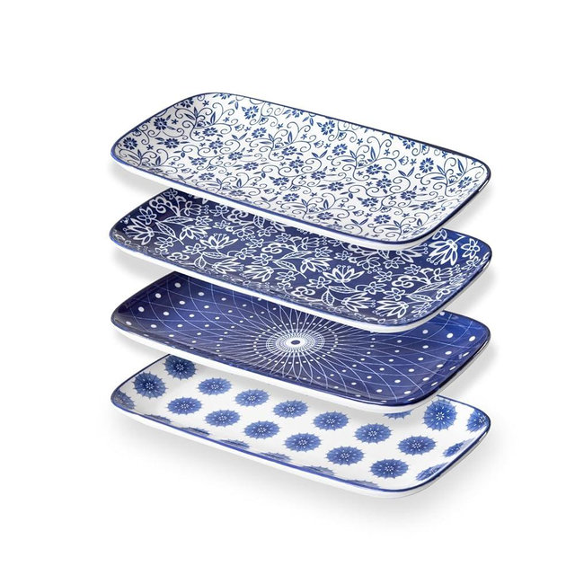 Cerkik Ceramic Rectangular Serving Platters - 12 Inch Large Rectangle Serving Trays Dinner Plates for Charcuterie, Dessert, Fruit Appetizer for Party Entertaining - Set of 4 - Vintage Blue