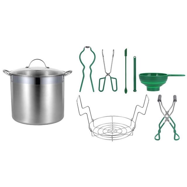 HOMKULA Water Bath Canning Pot with Rack and Lid, Steam Canner with Canning Supplies Starter Kit, 9 Pieces, Stainless Steel, Green (Induction/Glass Top Stove Compatible)