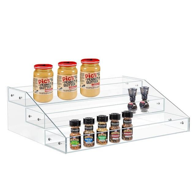 PMMASTO Widen Tiered Spice Rack, Seasoning Organizer, Clear Acrylic Vertical Shelves Can OrganWizer for Countertop, Cabinet, Pantry, Kitchen Organization & Storage - 3 Tier