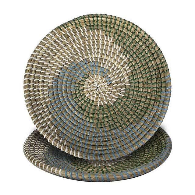Set of 2 Pack Natural Woven Fruit Basket Bowls | Handmade Seagrass Decorative Bowl Chic Rustic Boho Decor Wall Hanging Basket (Teal Spiral)