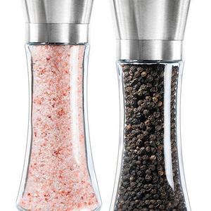 Premium Salt and Pepper Grinder Set of 2- Brushed Pepper Mill and Salt Mill, 6 Oz Glass Tall Body, 5 Grade Adjustable Ceramic Rotor- Salt and Pepper Shakers By Levav (Stainless Steel)