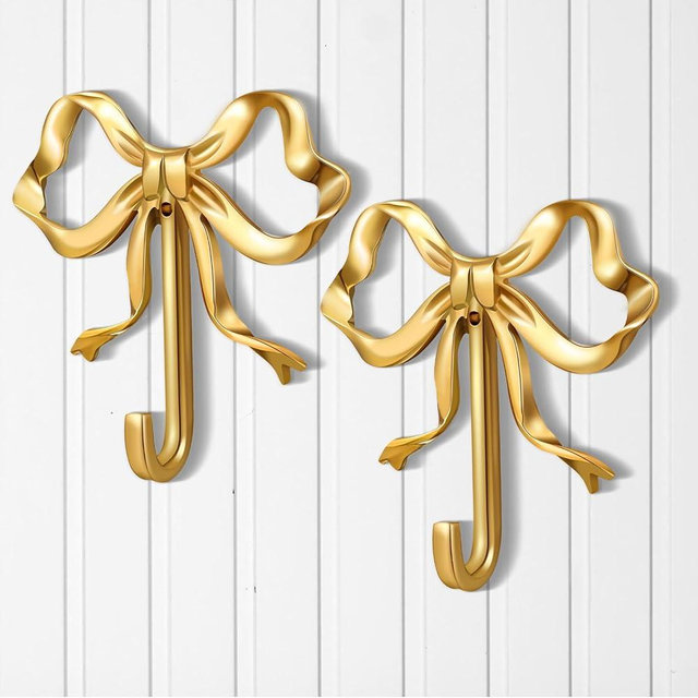 Lineshading 2 Pcs Gold Bow Knot Hooks Brass Bow Wall Door Hanger Towel Hooks Brass Coat Hanger Decorative Holder for Wedding Bathroom Living Room Kitchen Decor (L)