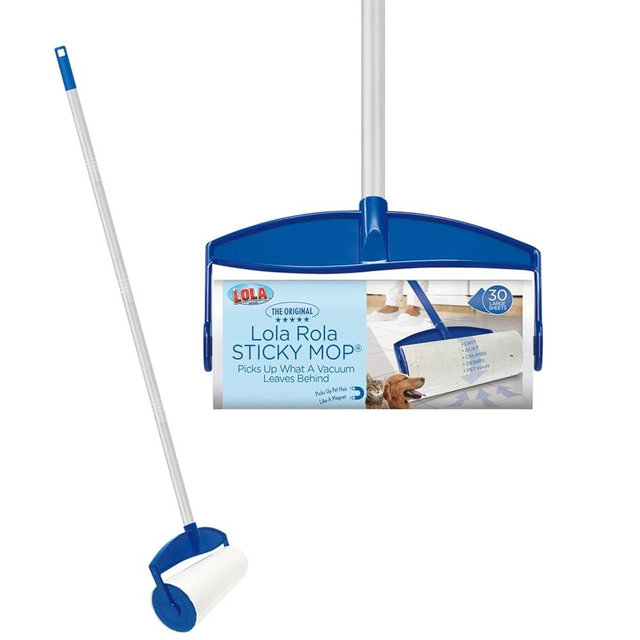 Lola Rola Sticky Mop, Giant Floor Lint Roller, 9" W x 3.5" Dia., Best Pet Hair Remover, Traps Dust, Dirt & Hair on Carpet, 30 Large Adhesive Sheets