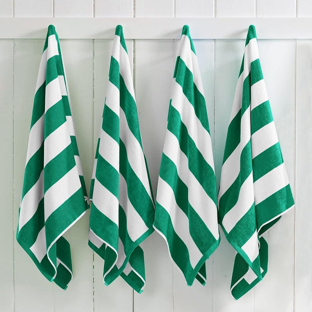 Great Bay Home 100% Cotton Velour 4 Pack Beach Towels | Green Cabana Stripe Pool Towels | Quick Dry, Large Swim Towels for Adults and Kids (4 Pack 30" x 60", Green)