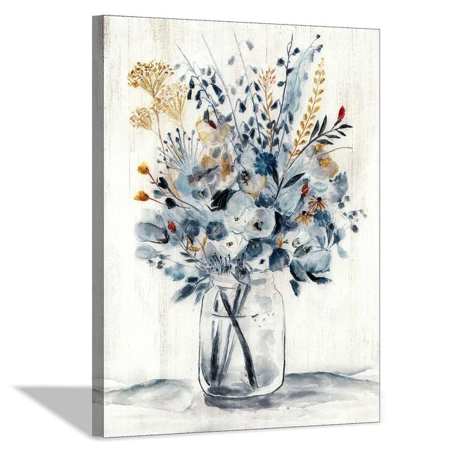Hardy Gallery Abstract Flower Painting Wall Art: Botanical Flower Bouquet in Crystal Vase Picture Print on Wrapped Canvas for Home Kitchen (24'' x 18'' x 1 Panel)
