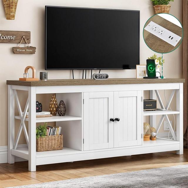 YITAHOME TV Stand for Living Room, Farmhouse Entertainment Center with Power Outlet for TVs up to 65 60 55 Inch, Rustic Media Console TV Cabinet with Open Shelves and Adjustable Shelf, White