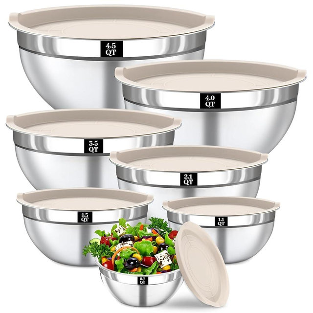 Boskermeal Mixing Bowls with Lids Set - 7PCS Nesting Mixing Bowls, Airtight Lids, Stainless Steel Mixing Bowls for Mixing, Baking & Meal Prep, Dishwasher Safe, Size 0.7/1.1/1.5/2.1/3.5/4/4.5 QT, Khaki
