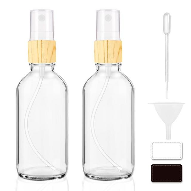 Tecohouse Small Glass Spray Bottles, 4 oz Fine Mist Empty Refillable Spray Bottle Container with Wooden Top, Labels, Funnel, Lids, Pipettes Travel Size 2 Pack Clear