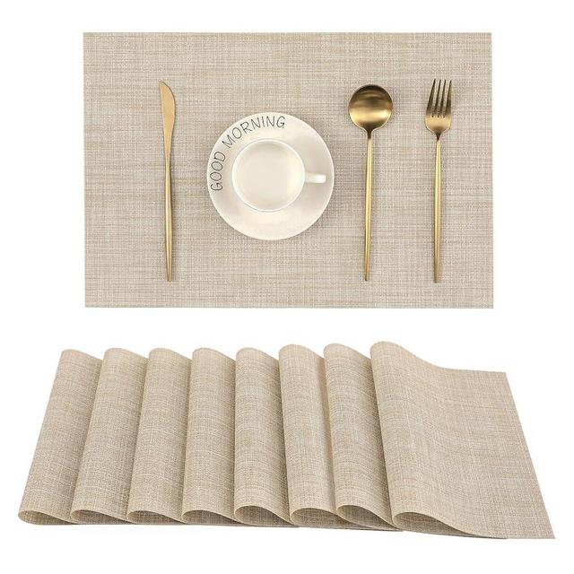 Leetaltree Beige Placemats Set of 8 - Heat Resistant Non-Slip Place mats for Dining Table, Washable Durable PVC Vinyl Woven Table Mats（Beige, 8）