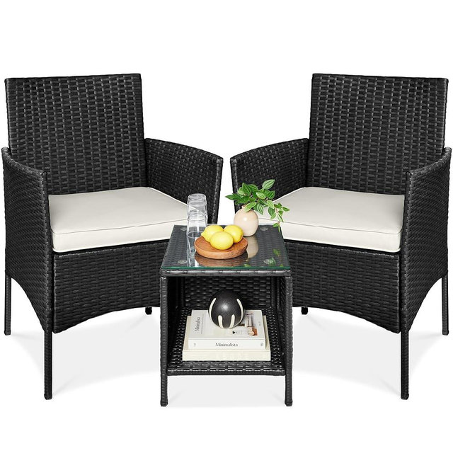 Best Choice Products 3-Piece Outdoor Wicker Conversation Bistro Set, Space Saving Patio Furniture for Garden w/Side Table - Black/White Sand