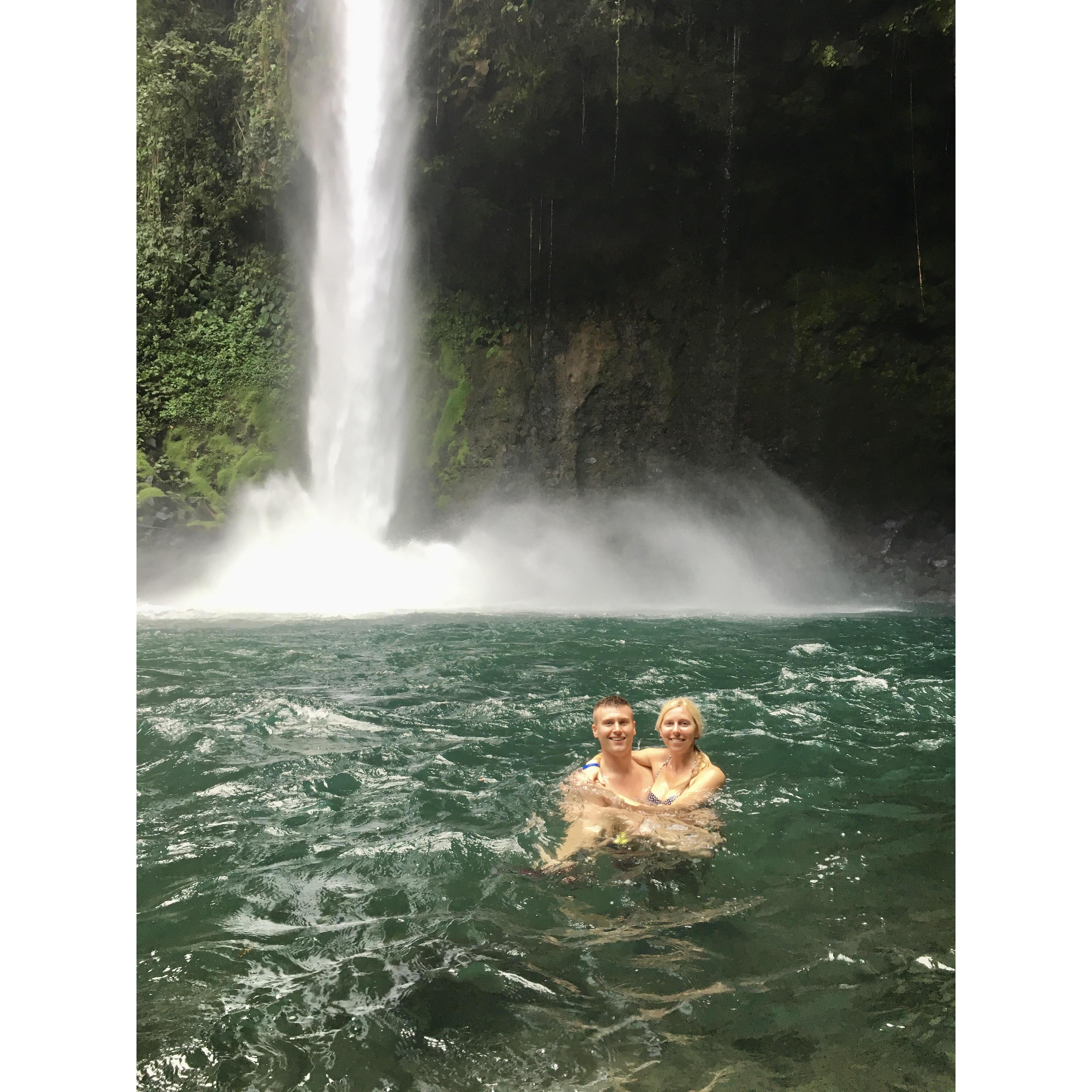 Swimming in the La Fortuna Waterfall right after we got engaged :)