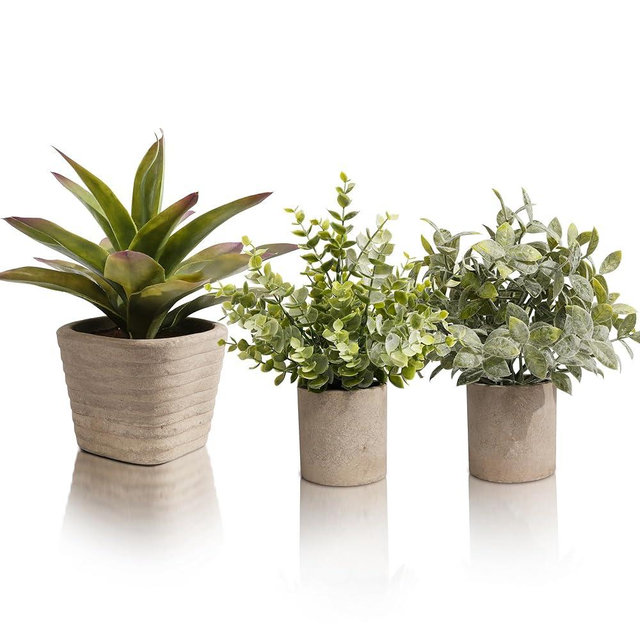 PENGYEE 3 Pack Small Fake Plants in Farmhouse Pulp Pot for Home Decor, Artificial Agave Plants Indoor, Small Faux Plants Indoor for Bathroom Bedroom Shelf Desk Office Table Kitchen Room Greenery Decor