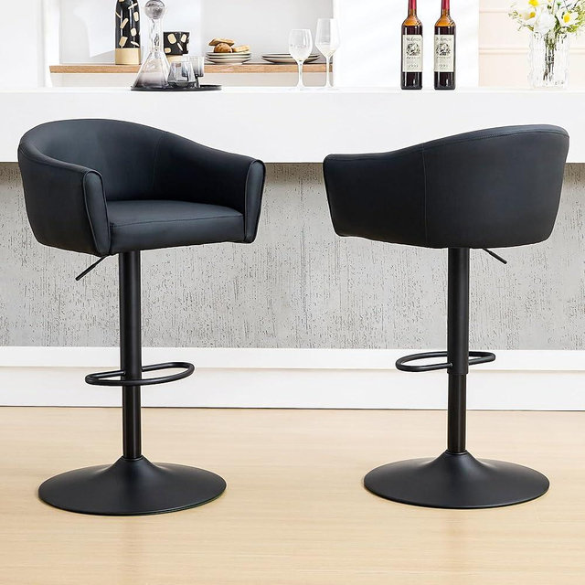FIRAVOE Bar Stools Set of 2, Swivel Counter Height Barstools with Back and Arms, Adjustable Faux Leather Bar Chair, Upholstered Island Stool for Bar, Kitchen, Counter (Black, Set of 2)