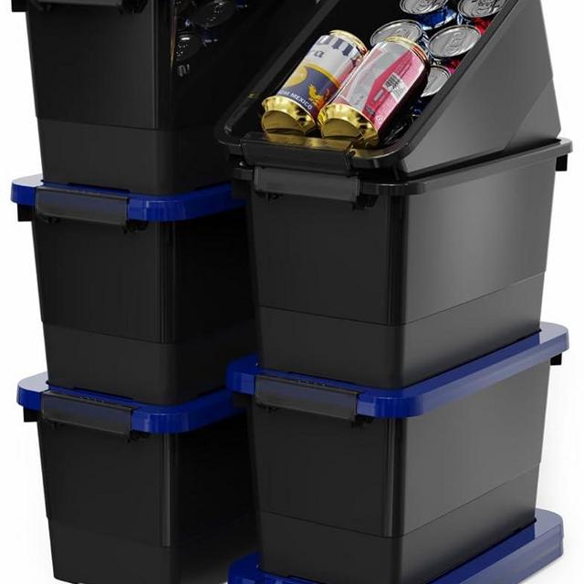 WYT 7 Quart Storage Bins with Lids and Latch, 6-Pack Stackable Plastic Organizing Box with Buckle and Handle, Durable Nestable Totes Containers (Black/Blue)