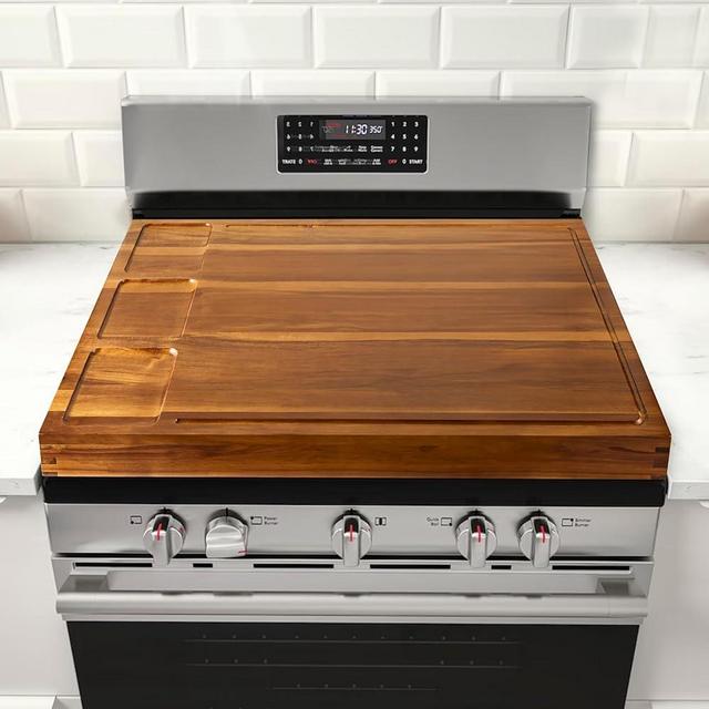 BLUEWEST Noodle Board Stove Cover with Handles, 3 in 1 Wood Stove Top Covers Board for Gas Burners and Electric Stove, Wooden RV Stovetop Cover, Tray for Kitchen Counter Space with Juice Grooves