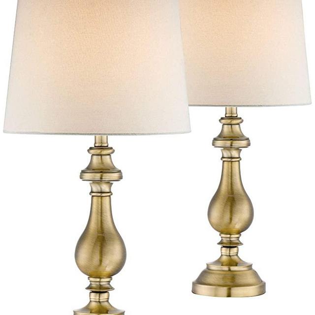 Fairlee Traditional Candlestick Style Table Lamps Set of 2 Antique Brass Gold White Fabric Drum Shade Decor for Living Room Bedroom House Bedside Nightstand Home Office Family - Regency Hill