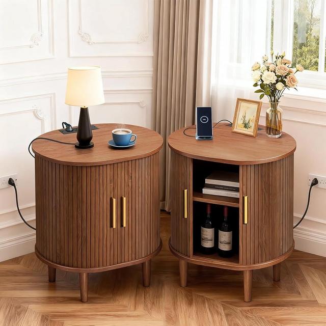 DHH Mid Century Modern Nightstand Set of 2 with Charging Station, Fluted Accent Side Table with Sliding Door & Adjustable Shelf, End Table for Small Space, Living Room, Bedroom,Sofa Couch(2, Walnut)