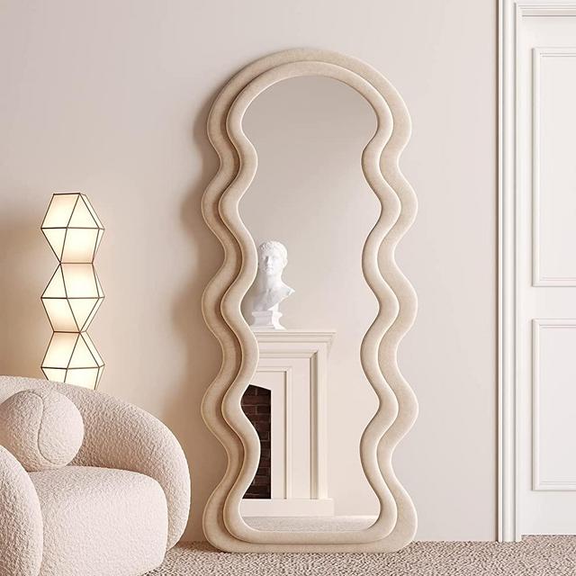 BOJOY Full Length Mirror 63"x24", Irregular Wavy Mirror, Wave Arched Floor Mirror, Wall Mirror Standing Hanging or Leaning Against Wall for Bedroom, Flannel Wrapped Wooden Frame Mirror-Milk Tea Color