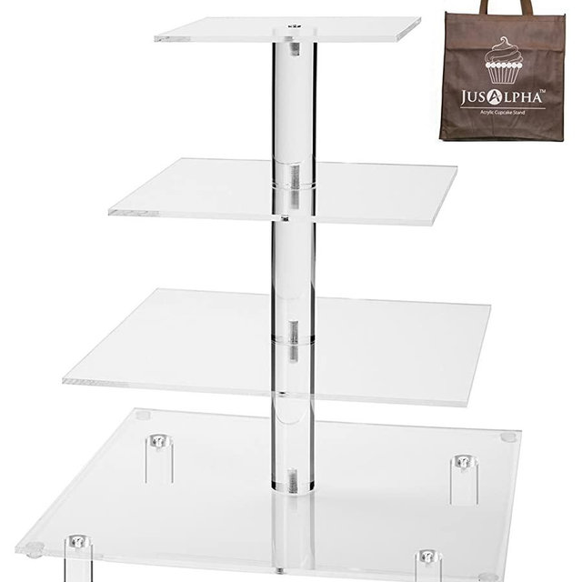 Jusalpha Large 4 Tier Square Acrylic Cupcake Tower Stand-Cake Stand-Dessert Stand-Cupcake holder-Pastry serving platter-Candy Bar Party Décor-Party Supply(4 Tier With Rod Feet) (4SF-V2)