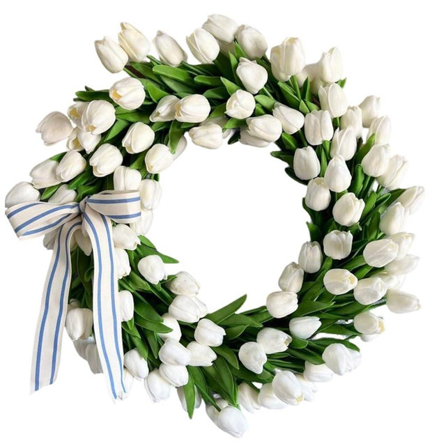 Lippbest Spring Wreaths for Front Door, 16 Inch Summer Garland with White Tulips, Artificial Tulip Wreath for Farmhouse Home Wall Indoor Outdoor Window Decor