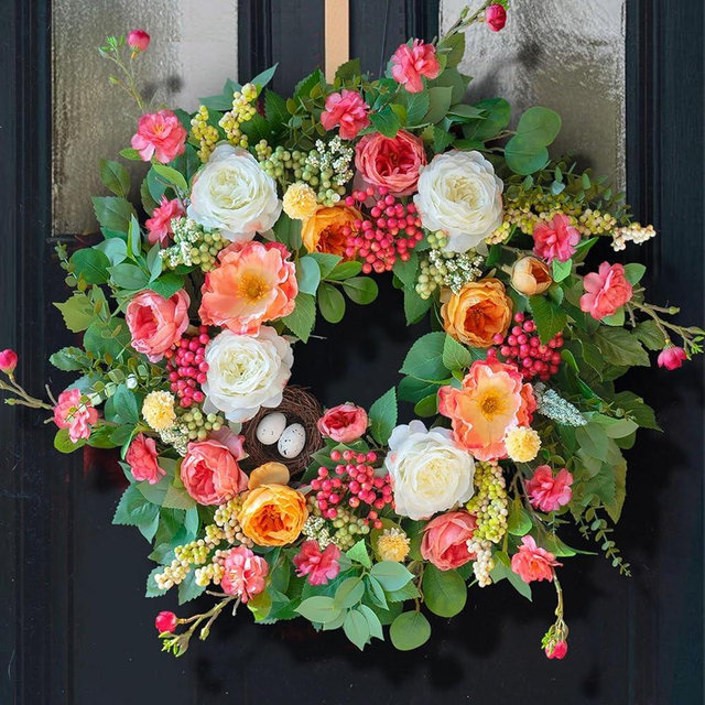 CHvista 24 Inch Spring Wreaths for Front Door Outside,Handcrafted Spring Door Wreath with Roses,Eucalyptus Greener y& Bird Nest Eggs,Luxury Summer Wreaths for Front Door for Porch Home Wall Window