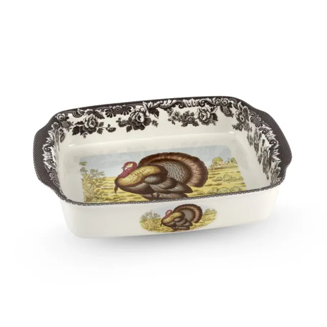 Spode Woodland 15"x12" Rectangular Handled Dish - Traditional Turkey Design, British Flowers Border, Fine Porcelain Bakeware, Dishwasher Safe