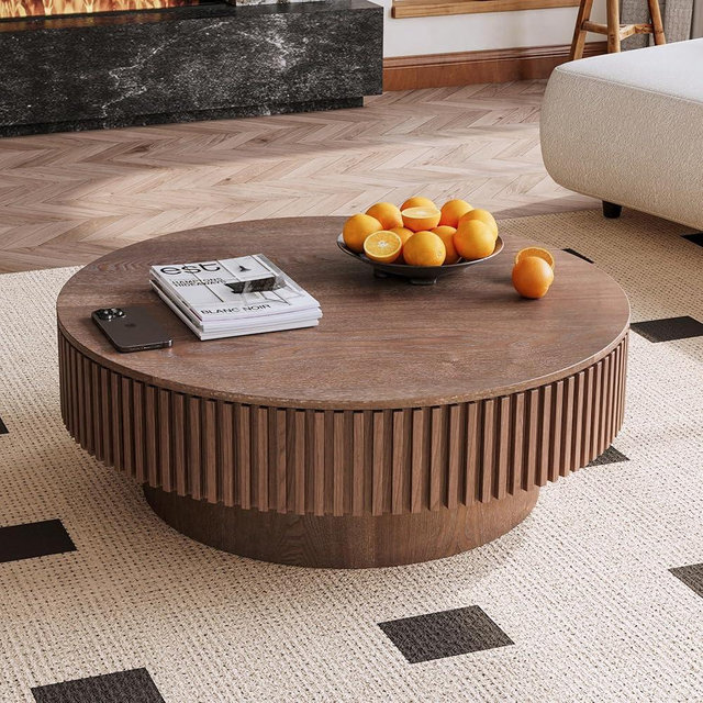 JURMALYN 39.37" Round Coffee Table with Storage for Living Room Wood Coffee Table Contemporary Circle Center Table for Apartment, Easy Assembly, Walnut