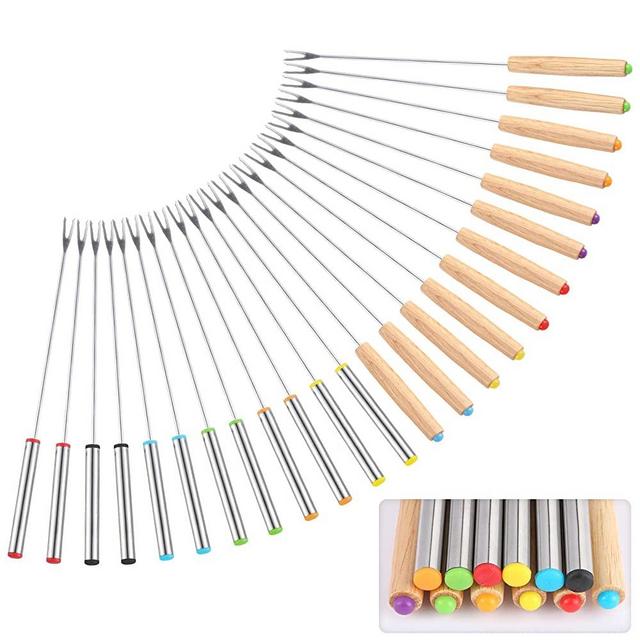 24 Pack 9.6 Inch Stainless Steel Fondue Forks, 12 Wood Handles and 12 Stainless Steel Handles, Heat Resistant Smores Sticks for Roast Meat Chocolate Dessert Cheese Marshmallows (6 Colors)