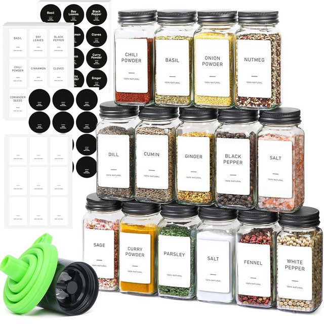 ComSaf 15Pcs 4oz Glass Spice Jars with Shaker Lids, 93 Labels, a Handy Funnel, a Pepper Grinder, Empty Spice Containers and Square Spice Bottles for Kitchen and Seasoning