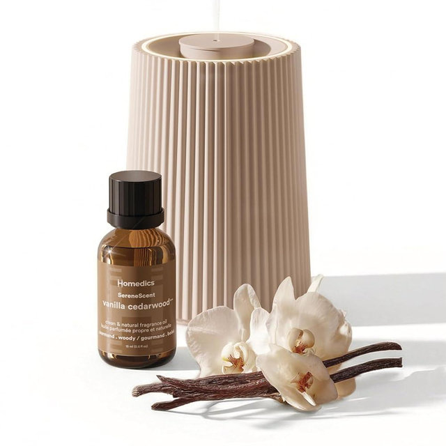 Homedics Waterless Essential Oil Diffuser with 15ml Vanilla Cedarwood Fragrance Oil. SereneScent Cordless Cold Air Scent Diffuser Starter Kit with Ambient Light, Studio 671 (Beige)