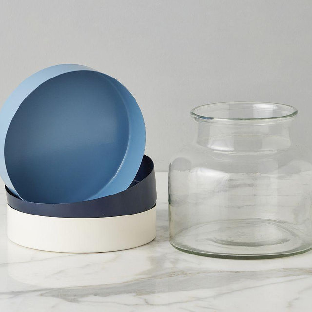 Handcrafted Color Block Vase and Tray Trio - Light Blue, Dark Blue, White