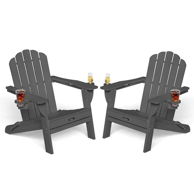Eesdom Adirondack Chair Set of 2, 5-Slatted All-Weather Outdoor Adirondack Chair, Wood Texture Lawn Chair for Fire Pit, Patio, Garden, Poolside, Grey
