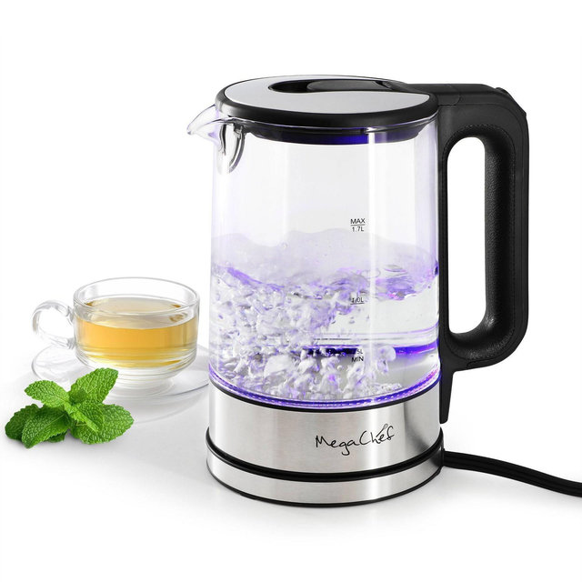 MegaChef 1.7L Glass Electric Tea Kettle: 1000W Borosilicate Glass, Stainless Steel Lid, Plastic Handle, Hand Wash, Clear