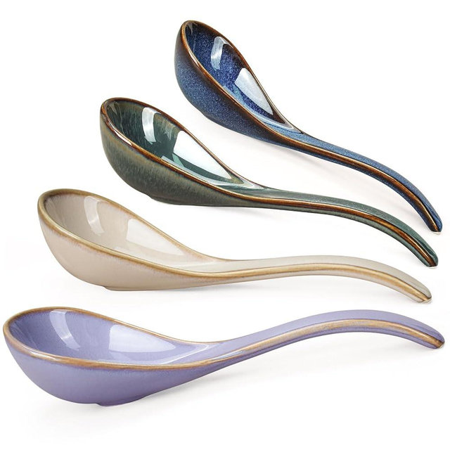 Artena Chinese Soup Spoons, Ceramic Asian Spoons with Deep Arc Anti-Roll Design, 6.85 Inch Set of 4, Perfect for Ramen, Pho, Wonton Soup as Japanese Soup Spoon, Korean Spoon (Soft Shades)