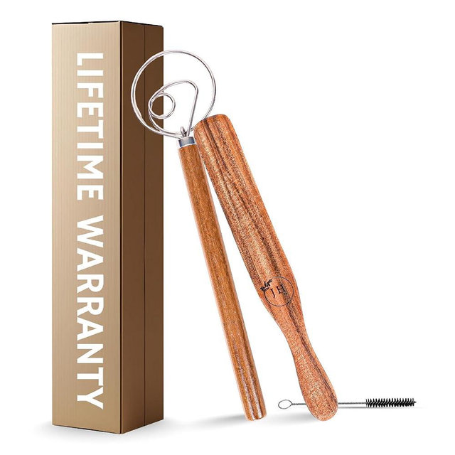 Dutch Dough Whisk & Teak Spurtle Set; Premium Stainless Steel Sourdough Whisk, Wooden Starter Jar Spatula; Sourdough Bread Baking Supplies for Home Bakers; BPA-Free, Bread Making Tools