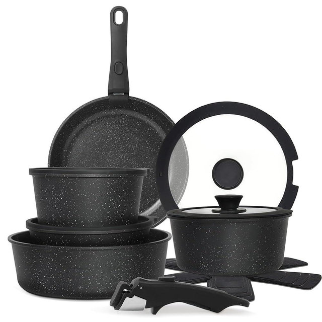 Cuisinluv 15PCS Pots and Pans Set Non Stick, Kitchen Cookware Sets with Detachable Handle, Ceramic Cookware Sets, Non Stick RV Cookware Cooking Set, Dishwasher ＆ Oven Safe, PFOA Free, Black