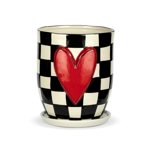 DEMDACO Flower Pot Planter with Drainage and Saucer, 6 x 7.5 Inch Ceramic Stoneware, Checkers and Red Heart