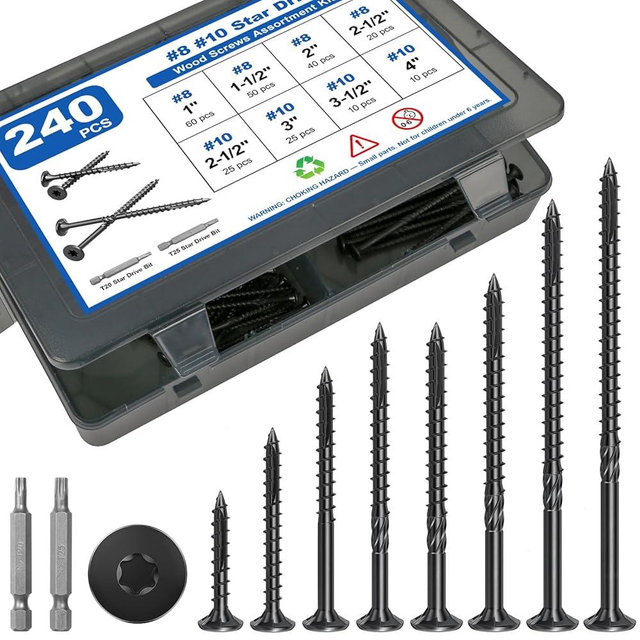 240Pcs Deck Screws, #8#10 Wood Screws Assortment Kit, 8Sizes Assorted Screw Set, Rust Resistant Torx Screws with Flat Head, Black Screw Kit for Woodworking Projects, Star Bit Included