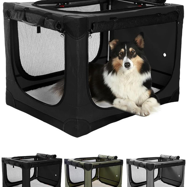 Veraste 24" L x 17" W x 17" H Collapsible Travel Dog Crate, Portable Soft Dog Kennel for Small Medium Pets up to 30 lbs, 4-Door Foldable Travel Crate with Durable Mesh & Storage Bag, Black