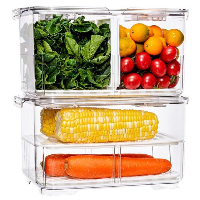 SANNO Produce Saver Food Storage Container with Lids and Vents,Vegetable Fruit Storage Containers Stackable Salad Lettuce Keeper for Refrigerator，set of 2