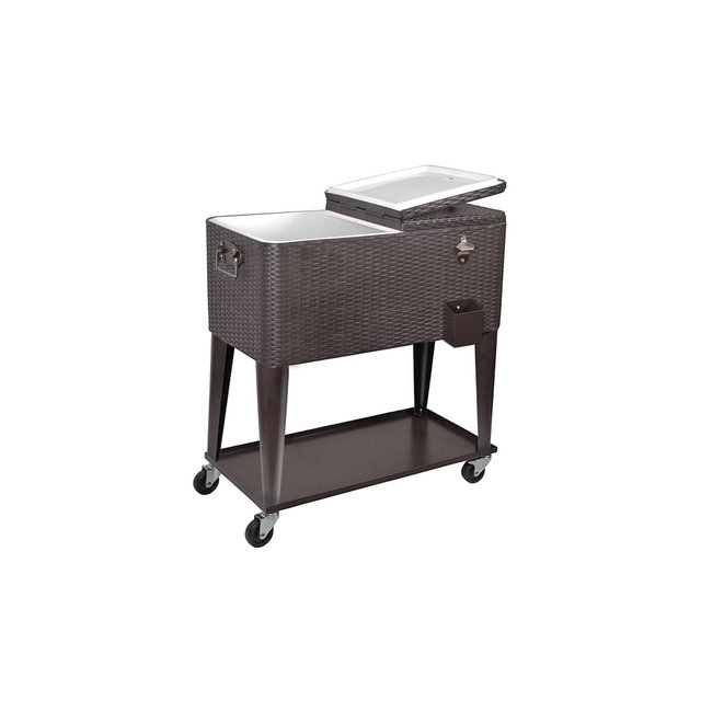 Home Aesthetics Outdoor Patio Rolling Cooler Cart 80 Qt Wicker Ice Chest Beverage Brown Rattan