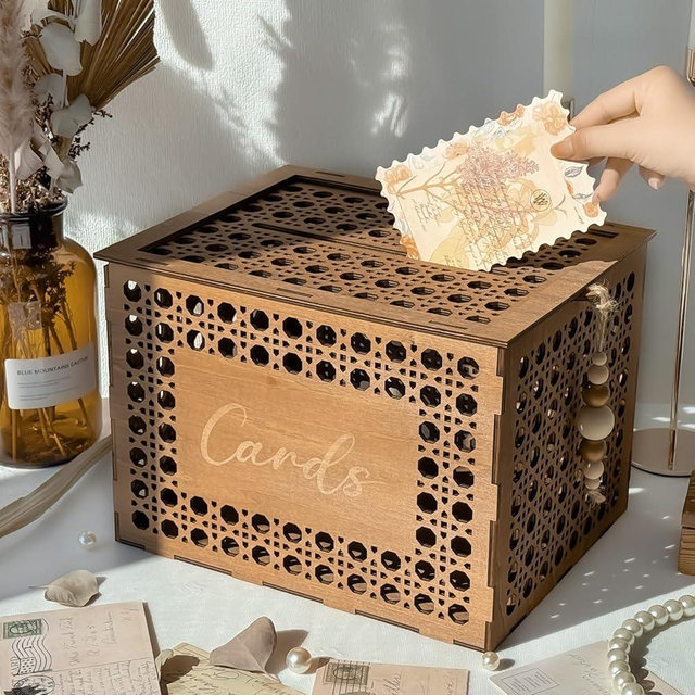 OurWarm Wooden Wedding Card Box with Slot, Vintage Gift Card Box for Party Reception, Hollow Rattan Pattern Rustic Envelope Money Card Box for Wedding Graduation Party Birthday Baby Shower Decor